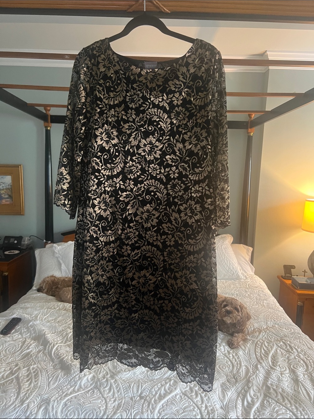 Chicos Elegant Black & Gold foiled Floral Lace Dress